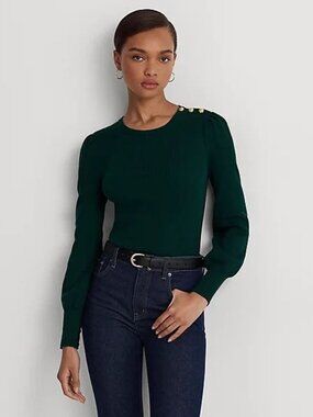 $125 Lauren Ralph Lauren Button-Trim Ribbed Cotton-Blend Sweater Size SP
